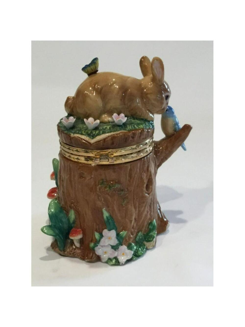 CWC Ceramic Tree Stump Trinket Box with Bunny Rabbit, Bird & Butterfly - Picture 4 of 8